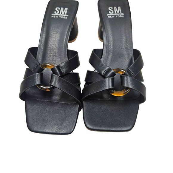 SM New York NIB Strappy Black Brown Heeled Sandals Open Toe‎ Block Heel Womens - Picture 8 of 10